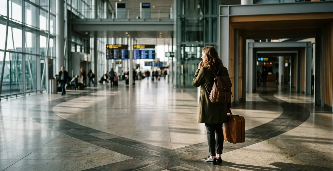 Viaggiatore con valigia in aeroporto che osserva due percorsi diversi verso i gate