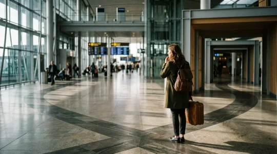 Viaggiatore con valigia in aeroporto che osserva due percorsi diversi verso i gate