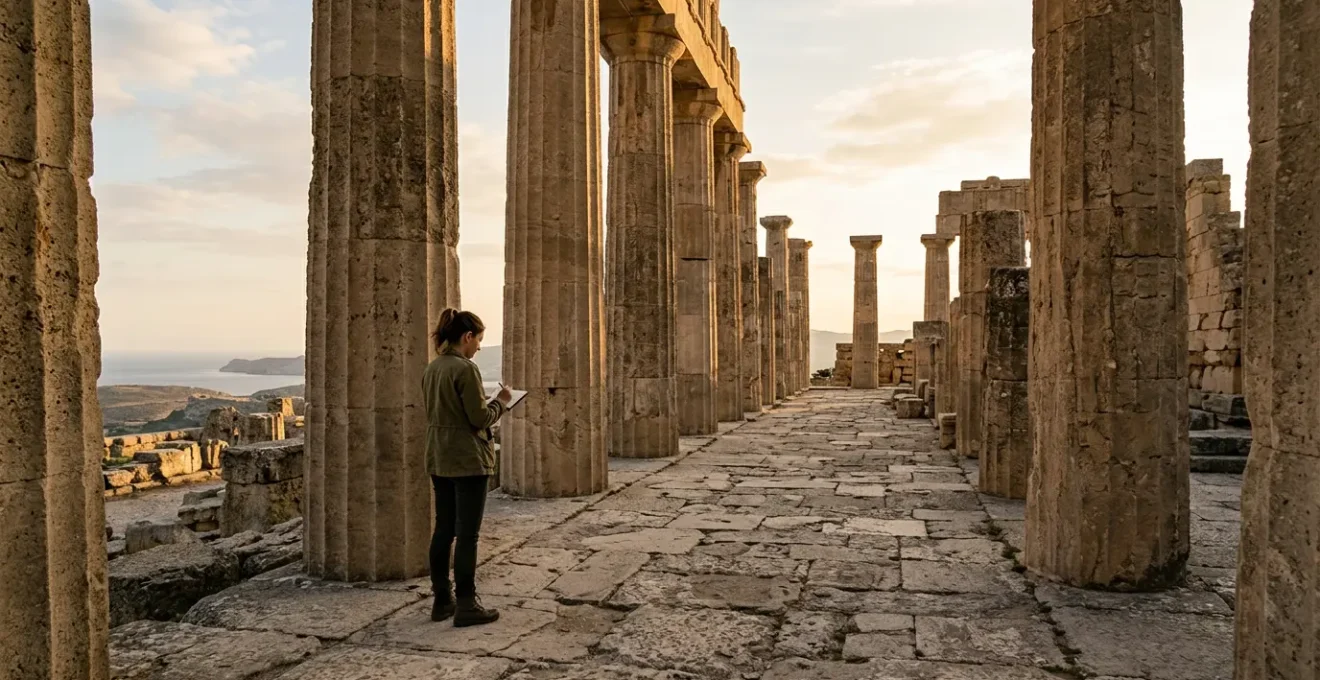 Visitatore osserva dettagli archeologici con sguardo attento nei siti storici italiani