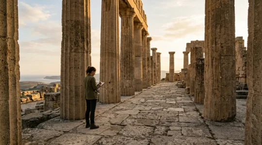 Visitatore osserva dettagli archeologici con sguardo attento nei siti storici italiani