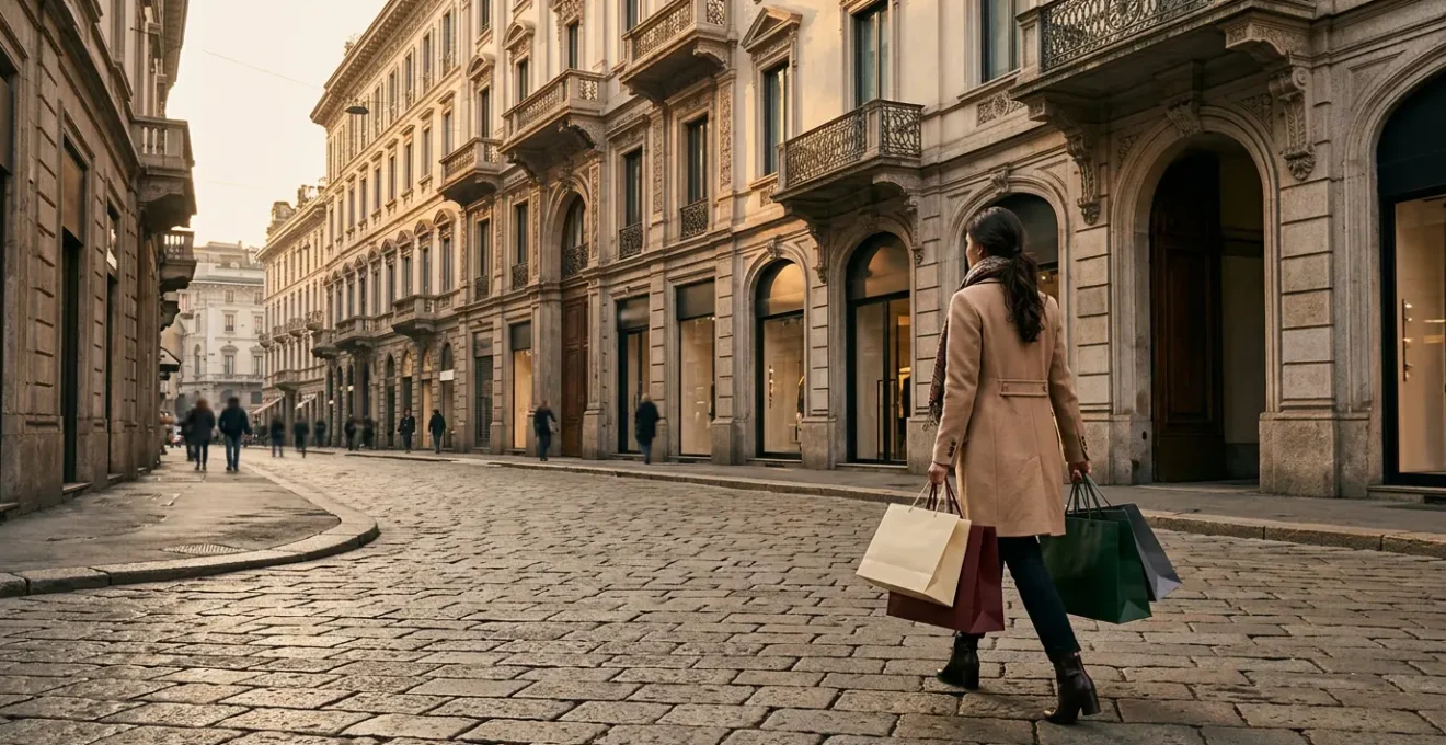 Shopping di lusso nel Quadrilatero della Moda di Milano con borse griffate e architettura elegante
