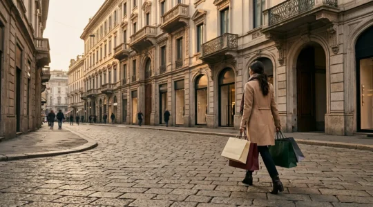 Shopping di lusso nel Quadrilatero della Moda di Milano con borse griffate e architettura elegante