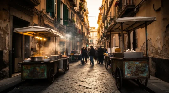Un vicolo caratteristico dei Quartieri Spagnoli di Napoli con venditori di street food