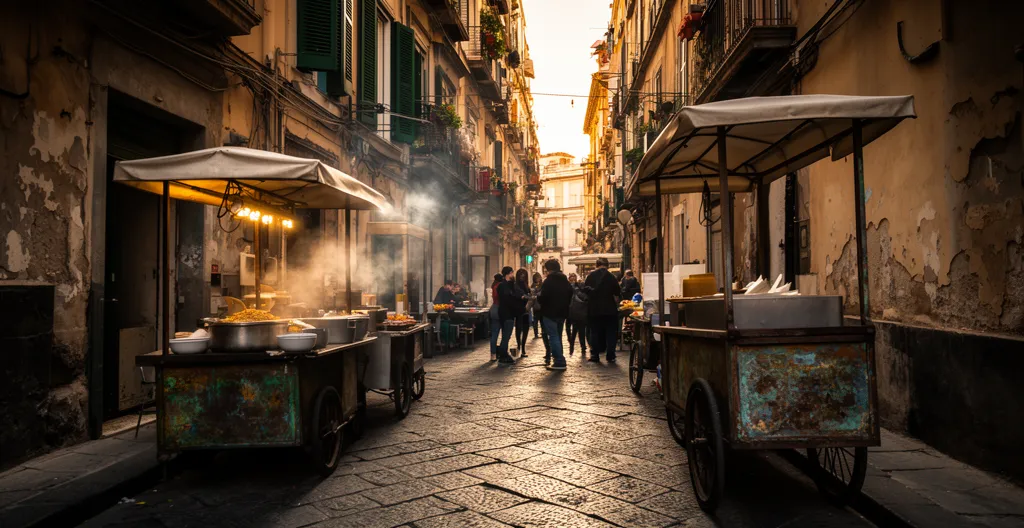 Un vicolo caratteristico dei Quartieri Spagnoli di Napoli con venditori di street food