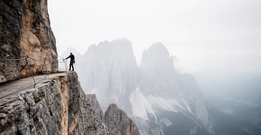 Escursionista su via ferrata nelle Dolomiti che affronta il vuoto con determinazione