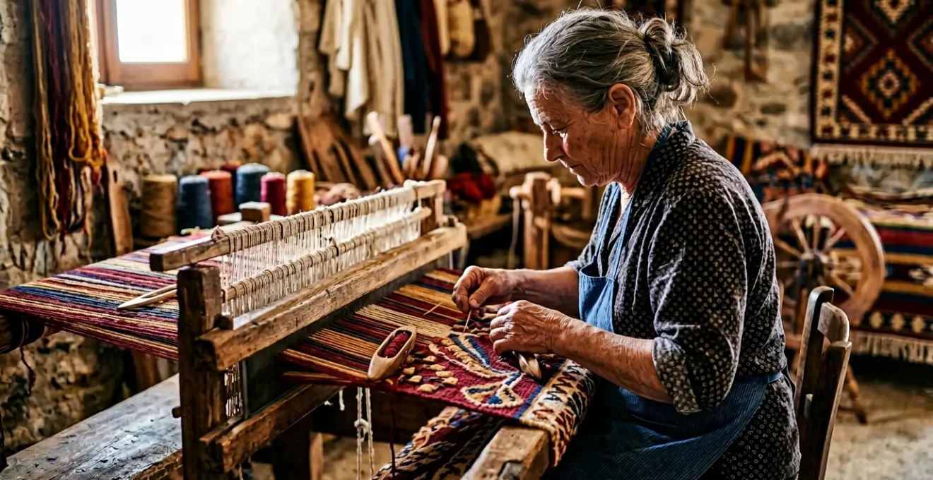 Tessitrice sarda al telaio tradizionale con tappeto pibiones in lavorazione
