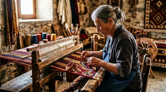 Tessitrice sarda al telaio tradizionale con tappeto pibiones in lavorazione