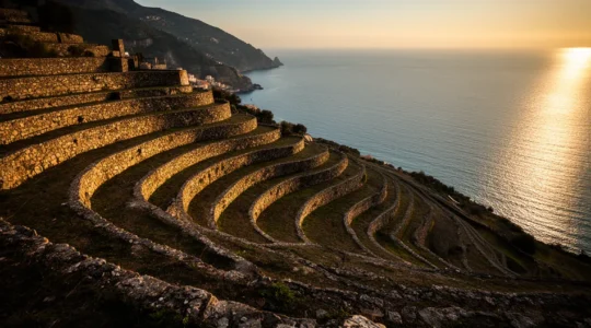 Vista panoramica dei terrazzamenti liguri con muretti a secco che disegnano il pendio collinare verso il mare