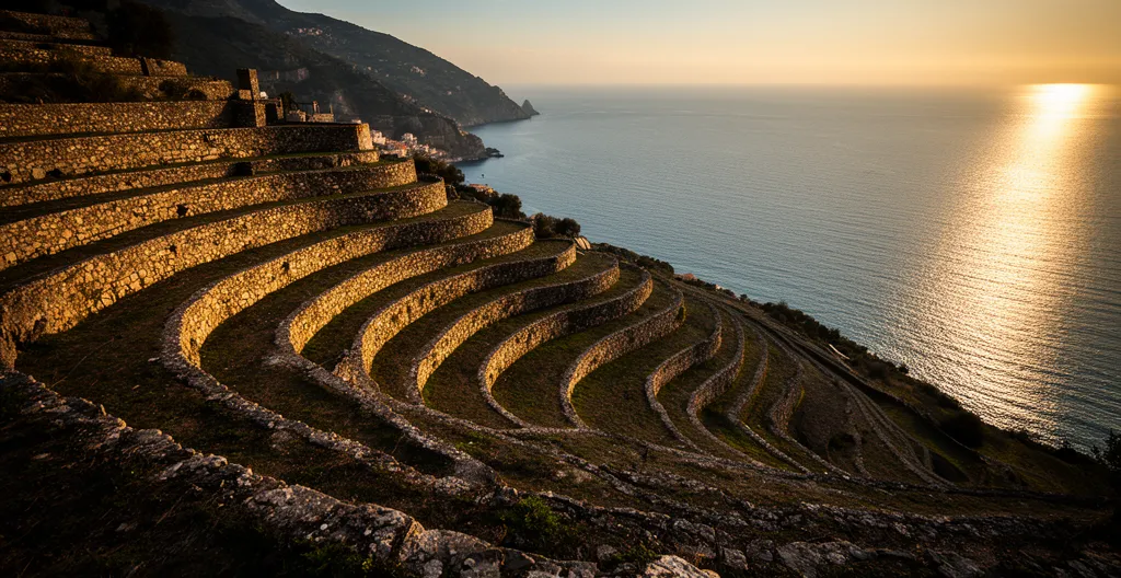 Vista panoramica dei terrazzamenti liguri con muretti a secco che disegnano il pendio collinare verso il mare
