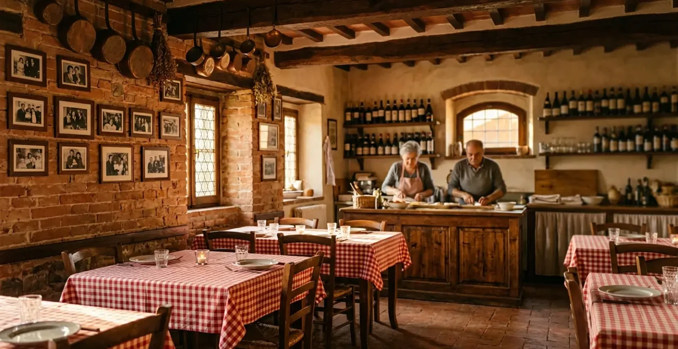 Vista accogliente dell'interno di una trattoria italiana tradizionale con famiglia che gestisce il locale