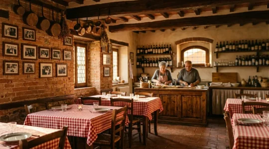 Vista accogliente dell'interno di una trattoria italiana tradizionale con famiglia che gestisce il locale