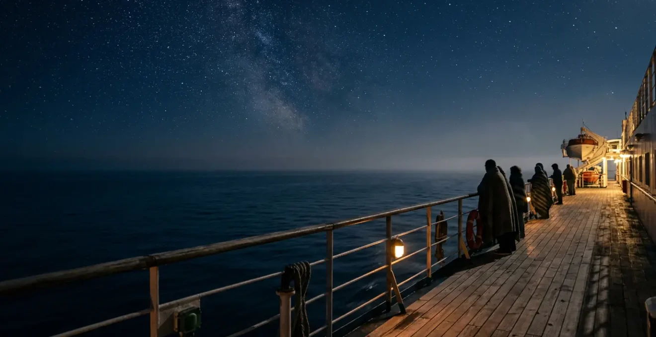 Vista panoramica del ponte di un traghetto durante la traversata notturna verso la Sardegna con stelle visibili nel cielo