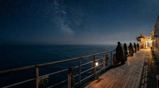 Vista panoramica del ponte di un traghetto durante la traversata notturna verso la Sardegna con stelle visibili nel cielo
