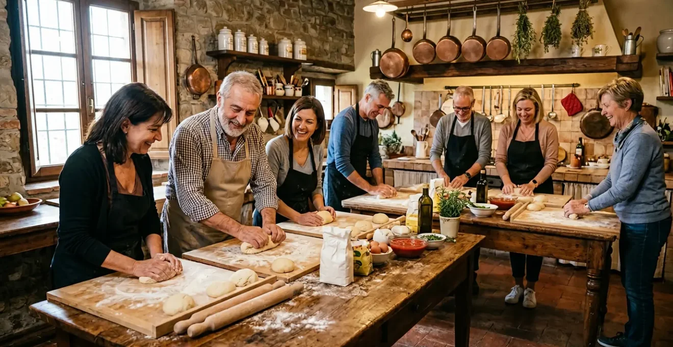 Turisti in un corso di pasta fresca con chef italiano in cucina tradizionale