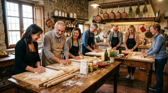 Turisti in un corso di pasta fresca con chef italiano in cucina tradizionale