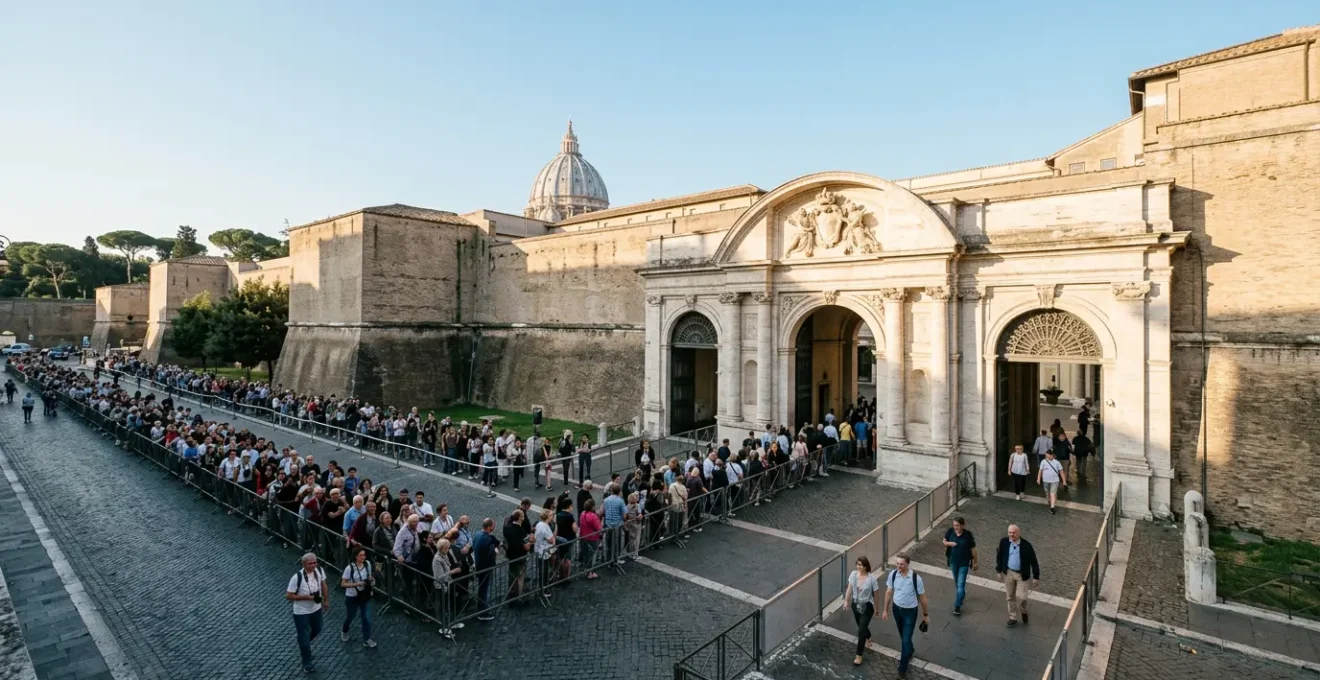 Visitatori con biglietti prioritari che entrano nei Musei Vaticani superando le lunghe file
