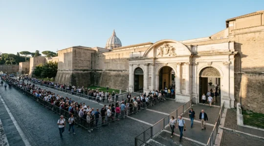 Visitatori con biglietti prioritari che entrano nei Musei Vaticani superando le lunghe file