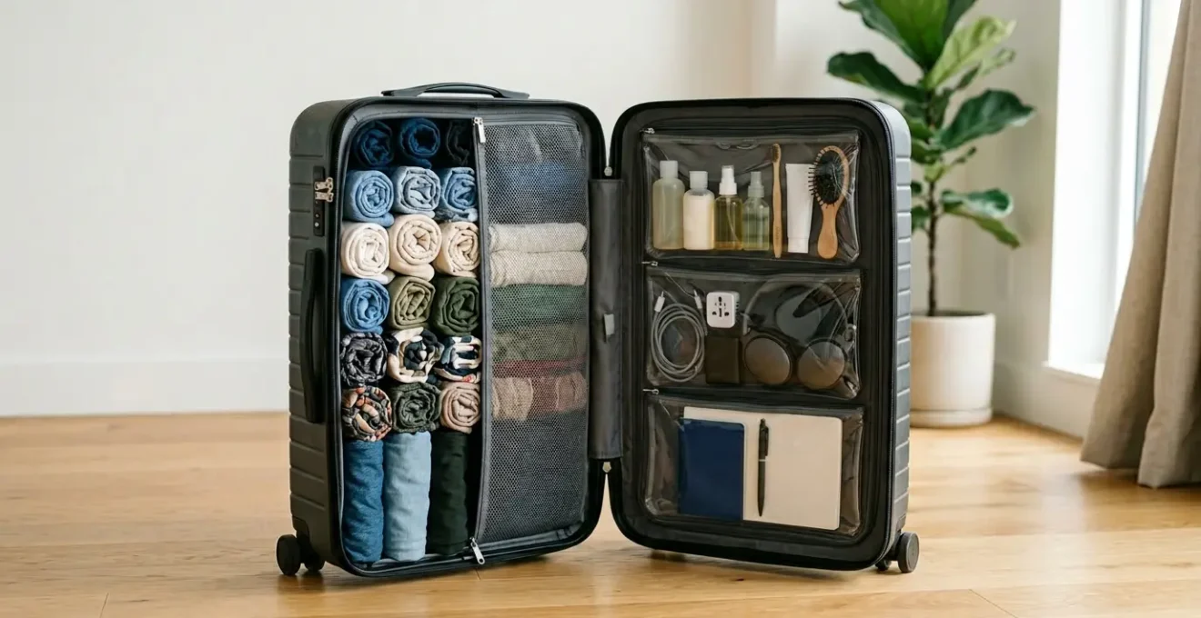 Valigia aperta con vestiti perfettamente organizzati per viaggio di 15 giorni