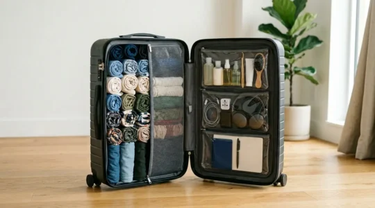 Valigia aperta con vestiti perfettamente organizzati per viaggio di 15 giorni