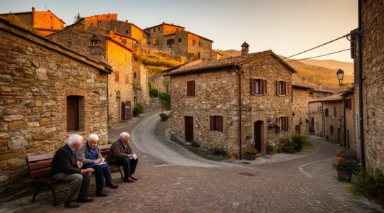 Vista panoramica di un borgo italiano con terrazza e piazza al tramonto
