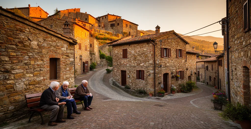 Vista panoramica di un borgo italiano con terrazza e piazza al tramonto