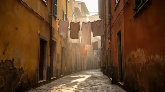 Scena mattutina nei vicoli storici con artigiano al lavoro e residenti locali