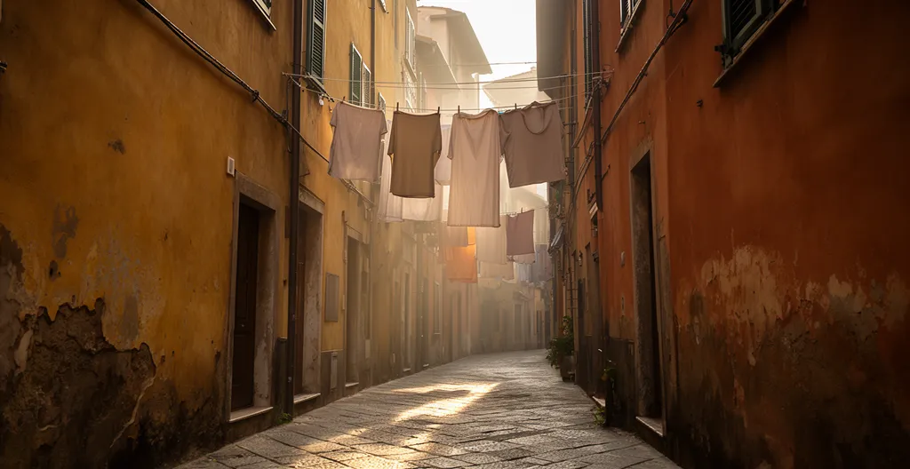 Scena mattutina nei vicoli storici con artigiano al lavoro e residenti locali