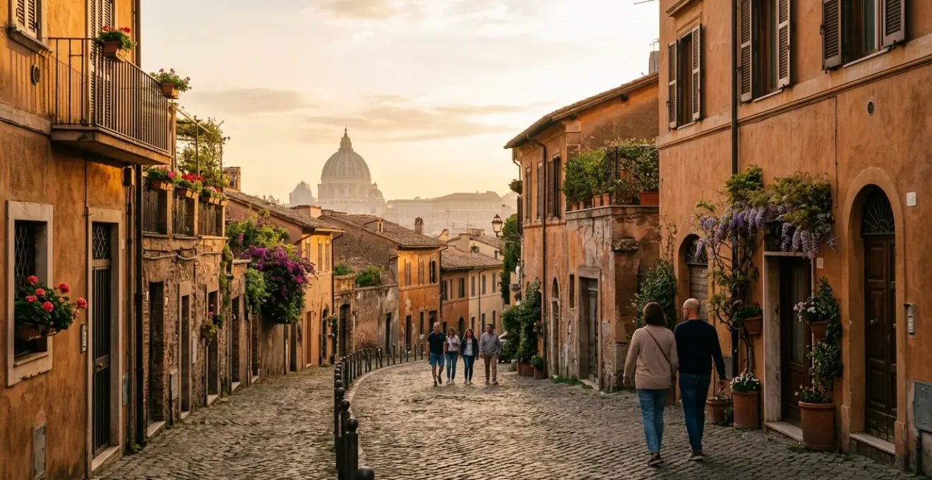 Turisti che esplorano i vicoli caratteristici di Roma al tramonto con vista su monumenti storici