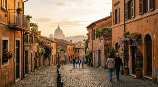 Turisti che esplorano i vicoli caratteristici di Roma al tramonto con vista su monumenti storici