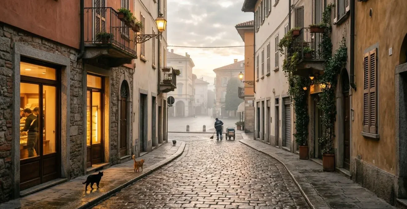 Vista ampia di un quartiere storico all'alba con sampietrini bagnati che riflettono la luce