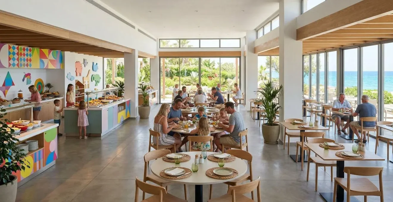 Area ristorante di un resort con zone separate per famiglie, buffet colorato e spazio dedicato ai bambini