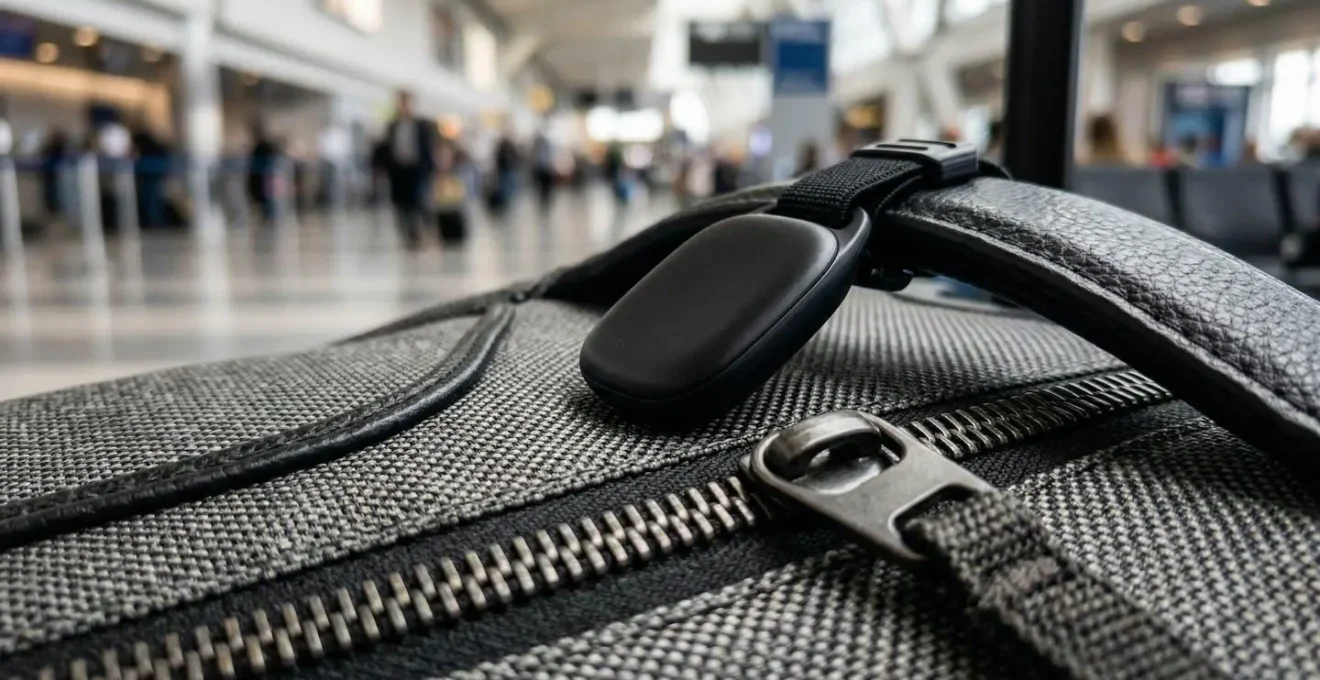 Primo piano di una valigia moderna con tracker GPS attaccato vicino alla maniglia