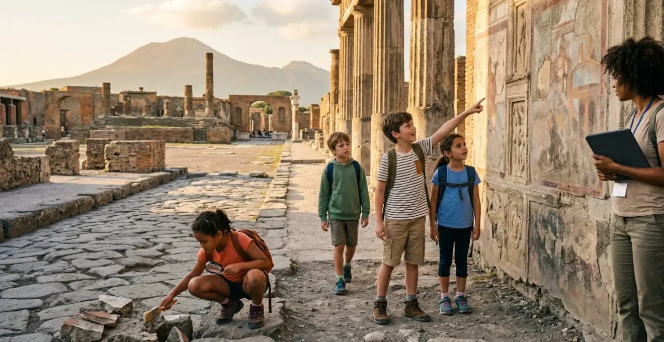 Bambini che esplorano Pompei con guida interattiva e materiali didattici
