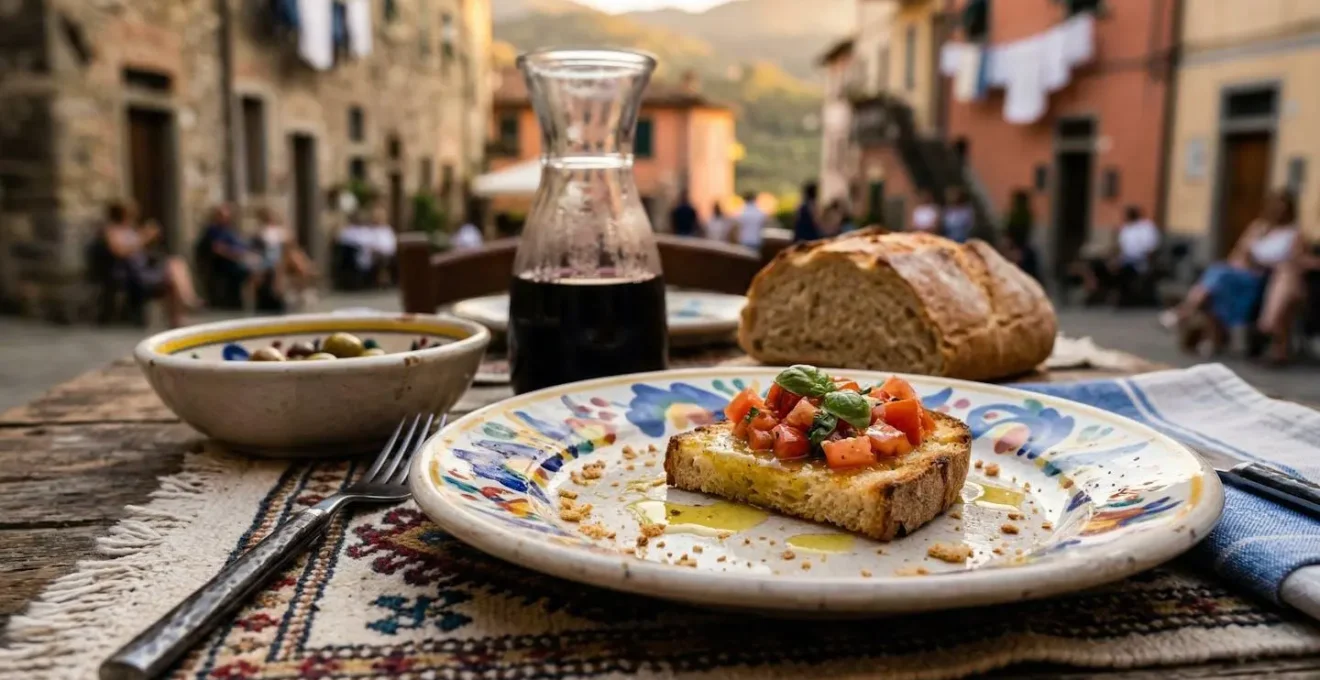 Piccola piazza di borgo italiano con tavoli all'aperto e vista sulle colline