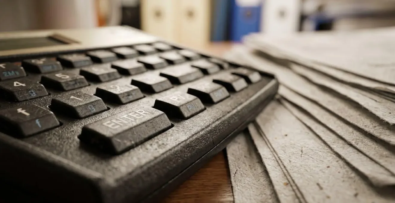 Primo piano macro di calcolatrice e documenti finanziari con texture della carta