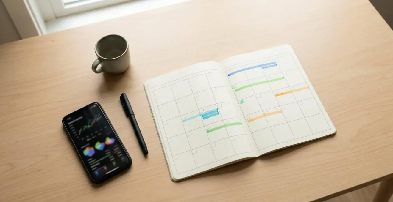 Vista dall'alto di un calendario aperto con evidenziatori colorati e smartphone che mostra grafici sfocati di prezzi