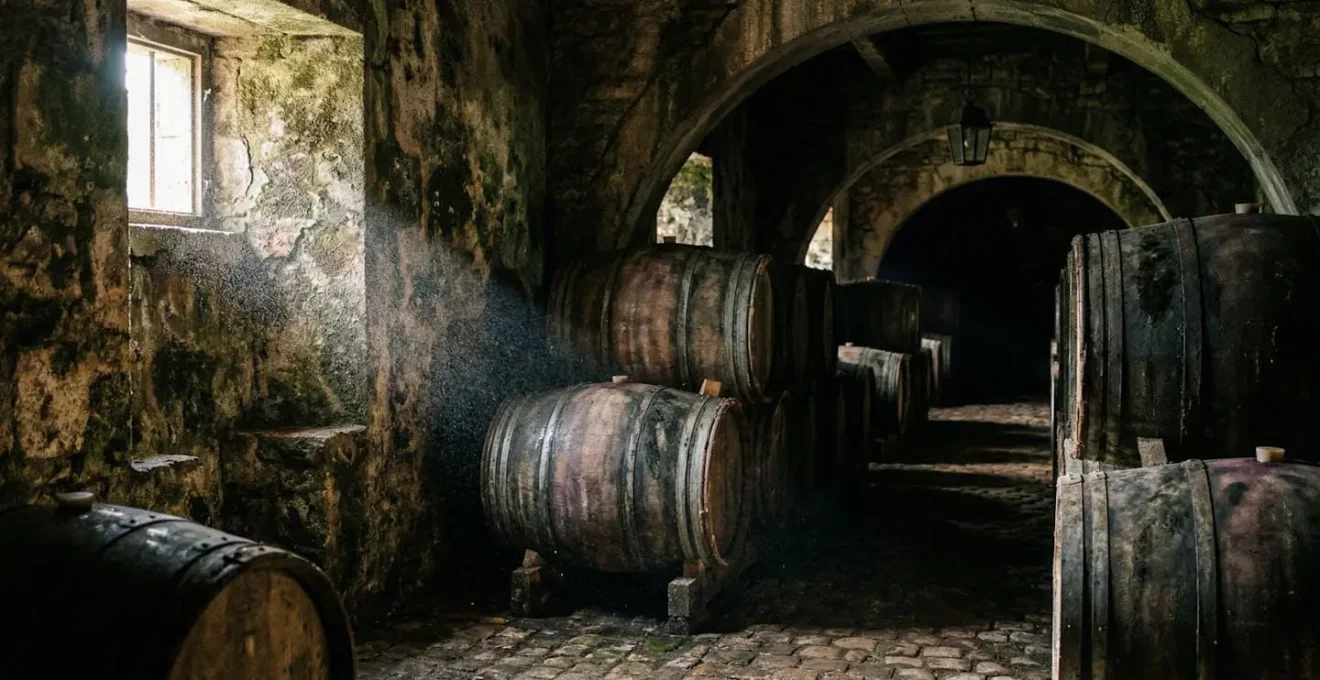 Interno di una cantina storica del Chianti con pareti coperte di muffa nobile e botti di rovere