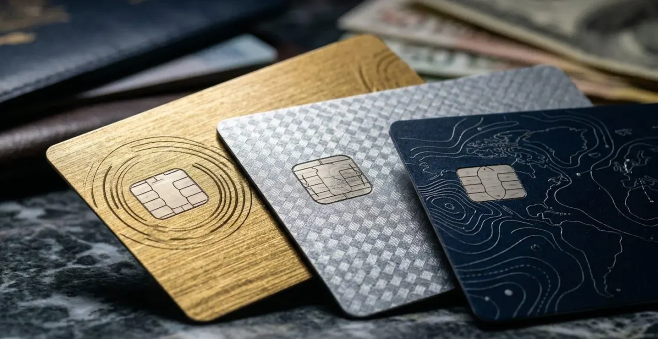 Tre carte di pagamento diverse disposte strategicamente per viaggi fuori Eurozona
