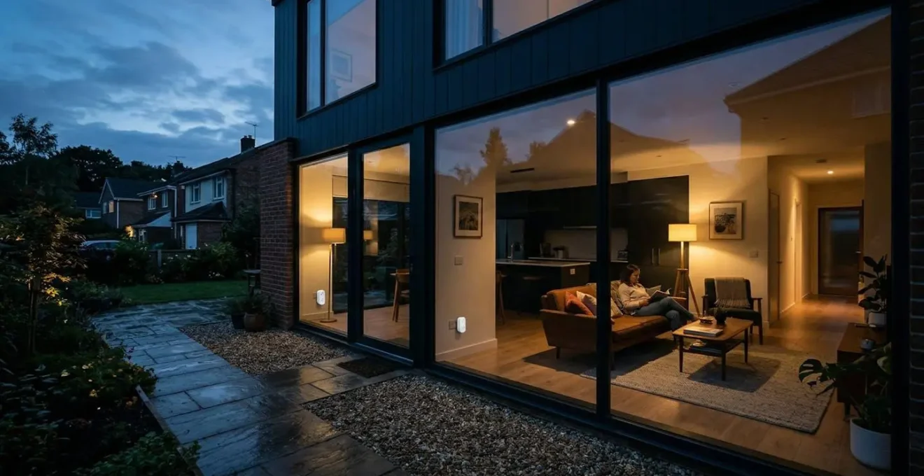 Interno casa con luci smart accese che simulano presenza durante assenza