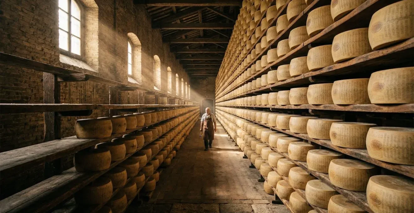 Magazzino di stagionatura con forme di Parmigiano Reggiano su scaffali di legno