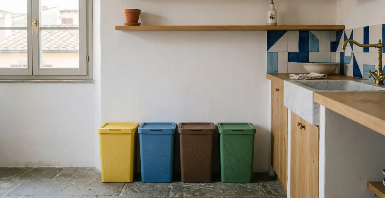Organizzazione domestica per la raccolta differenziata in un appartamento italiano