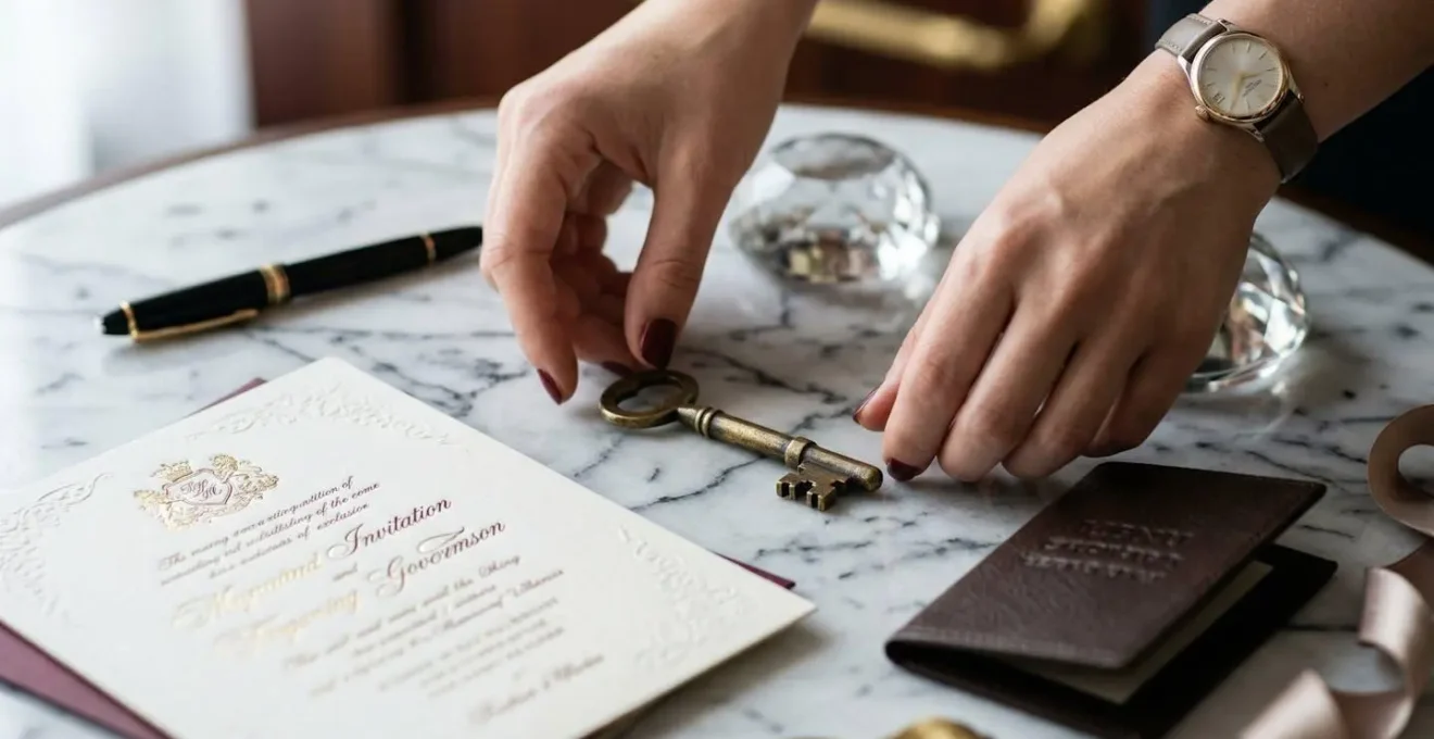 Elegante concierge in divisa che organizza documenti esclusivi in un hotel di lusso