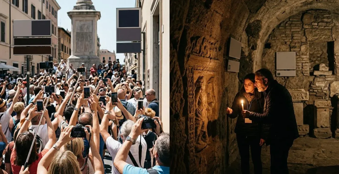 Confronto visivo tra gruppo turistico affollato e visitatore solitario in sito archeologico