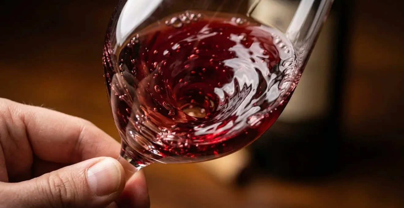 Mano che fa roteare un calice di vino rosso mostrando la tecnica di ossigenazione