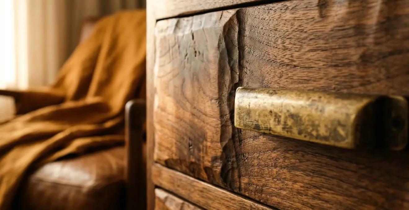 Dettaglio macro di elementi d'arredo artigianali in un boutique hotel