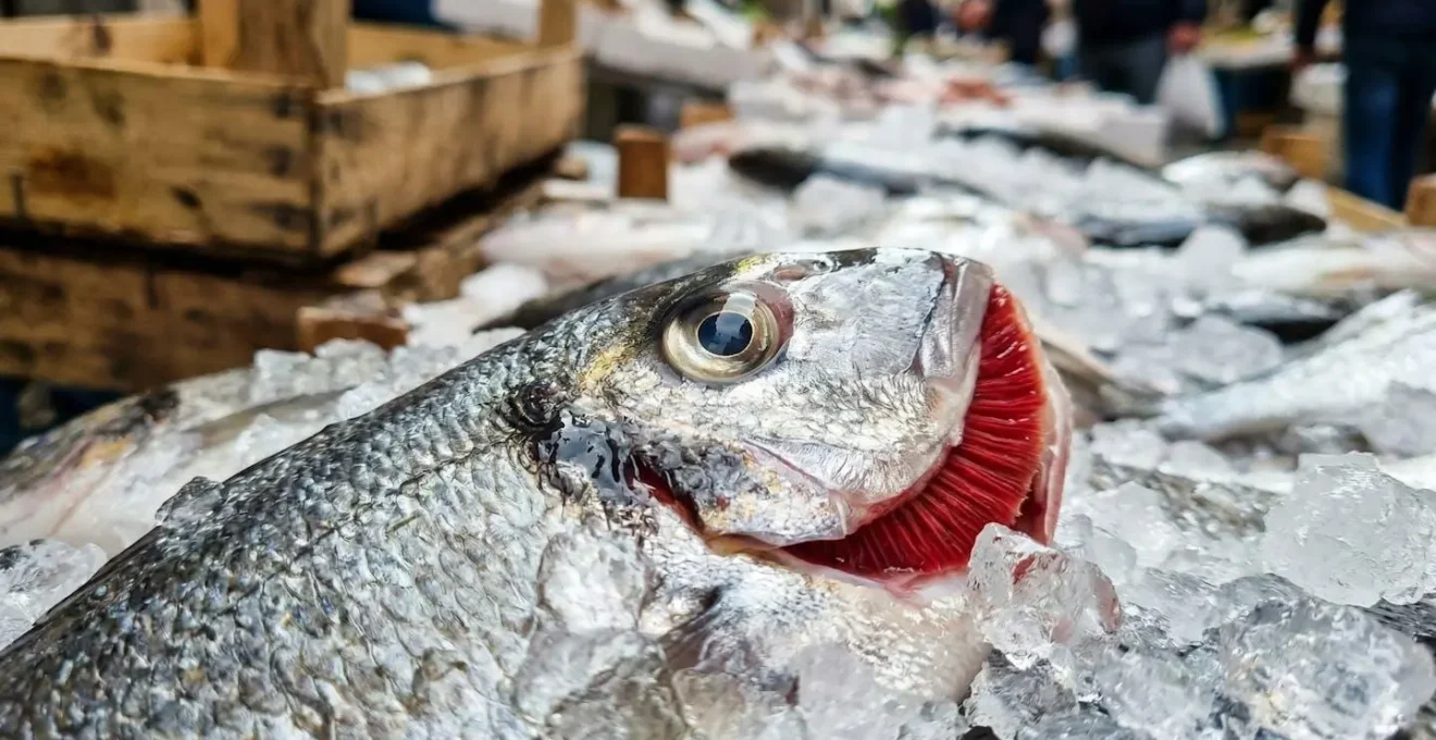 Primo piano di pesce fresco con branchie rosse e occhi brillanti su ghiaccio
