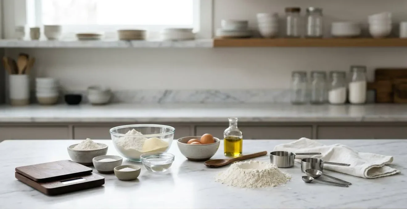 Dispensa professionale con ingredienti pesati e ricette precise per pasta fresca