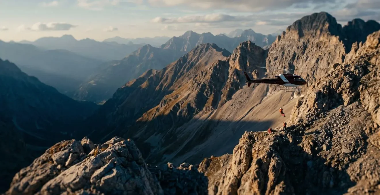 Elicottero di soccorso in volo sopra le montagne con paesaggio alpino