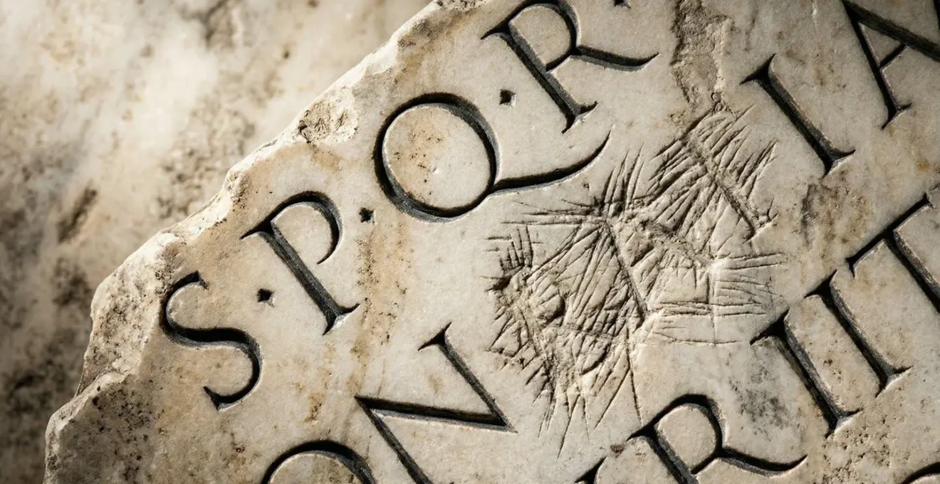Dettaglio ravvicinato di iscrizione latina su marmo antico con ombre profonde
