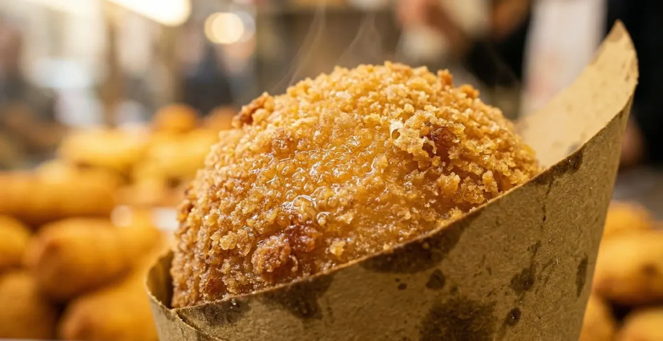 Dettaglio ravvicinato di fritti napoletani dorati nel cuoppo di carta